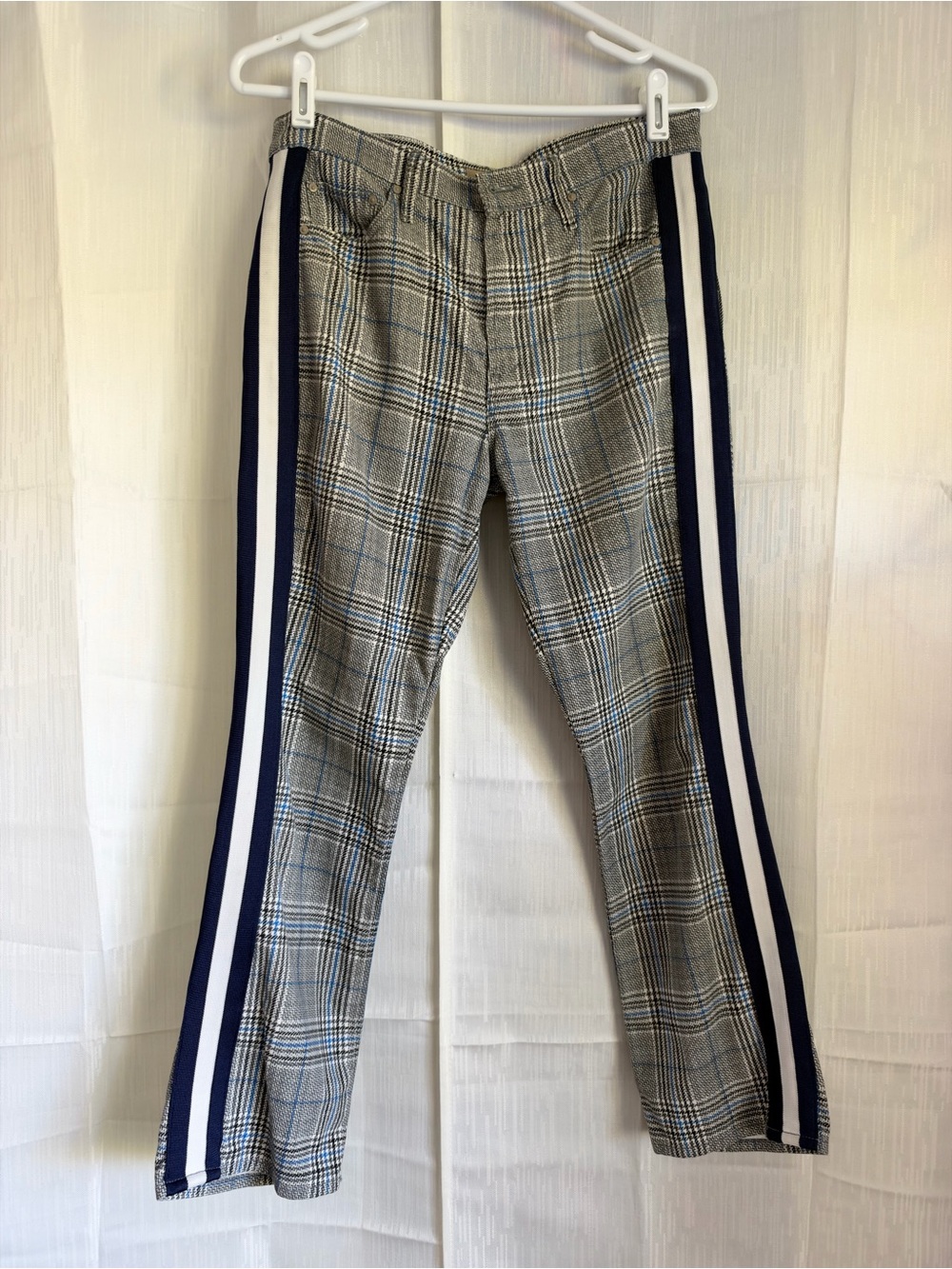 MOTHER Plaid Insider Ankle Pants with Navy and White Side Stripes